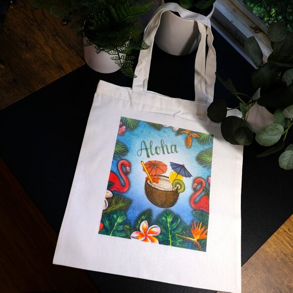 Handmade Aloha Tropical Canvas Tote Bag, grocery, reusable, vacation, books - Picture 1 of 2